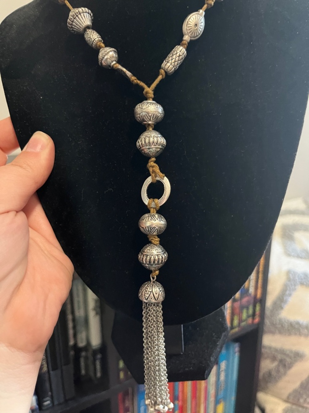 Chico's Sued Silver-Tone Beaded Tassel Necklace Western Style Necklace - Picture 5 of 8